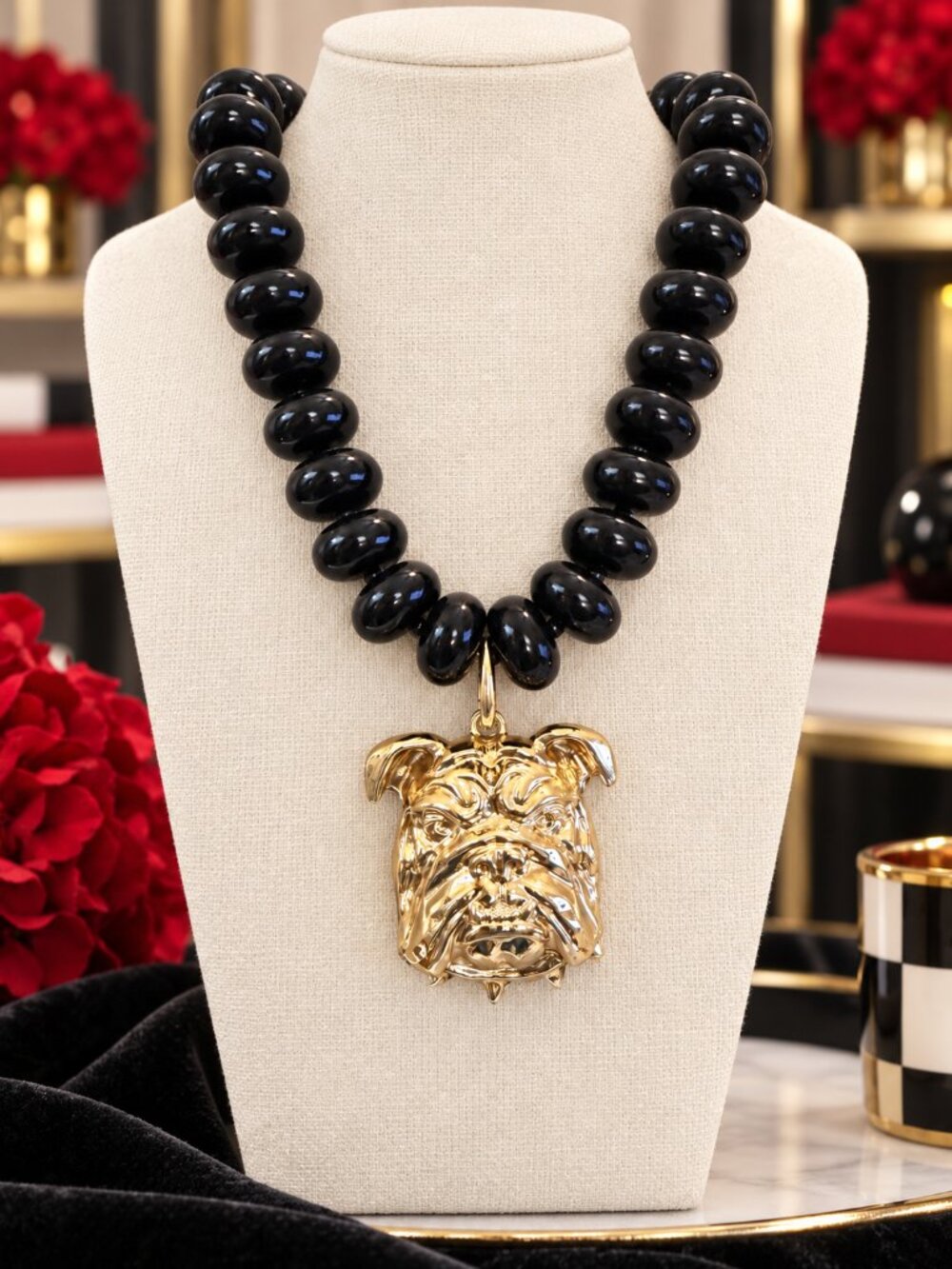 Black Beaded Bulldog Necklace, Gold Bulldog Pendant Necklace, Georgia Game Day J